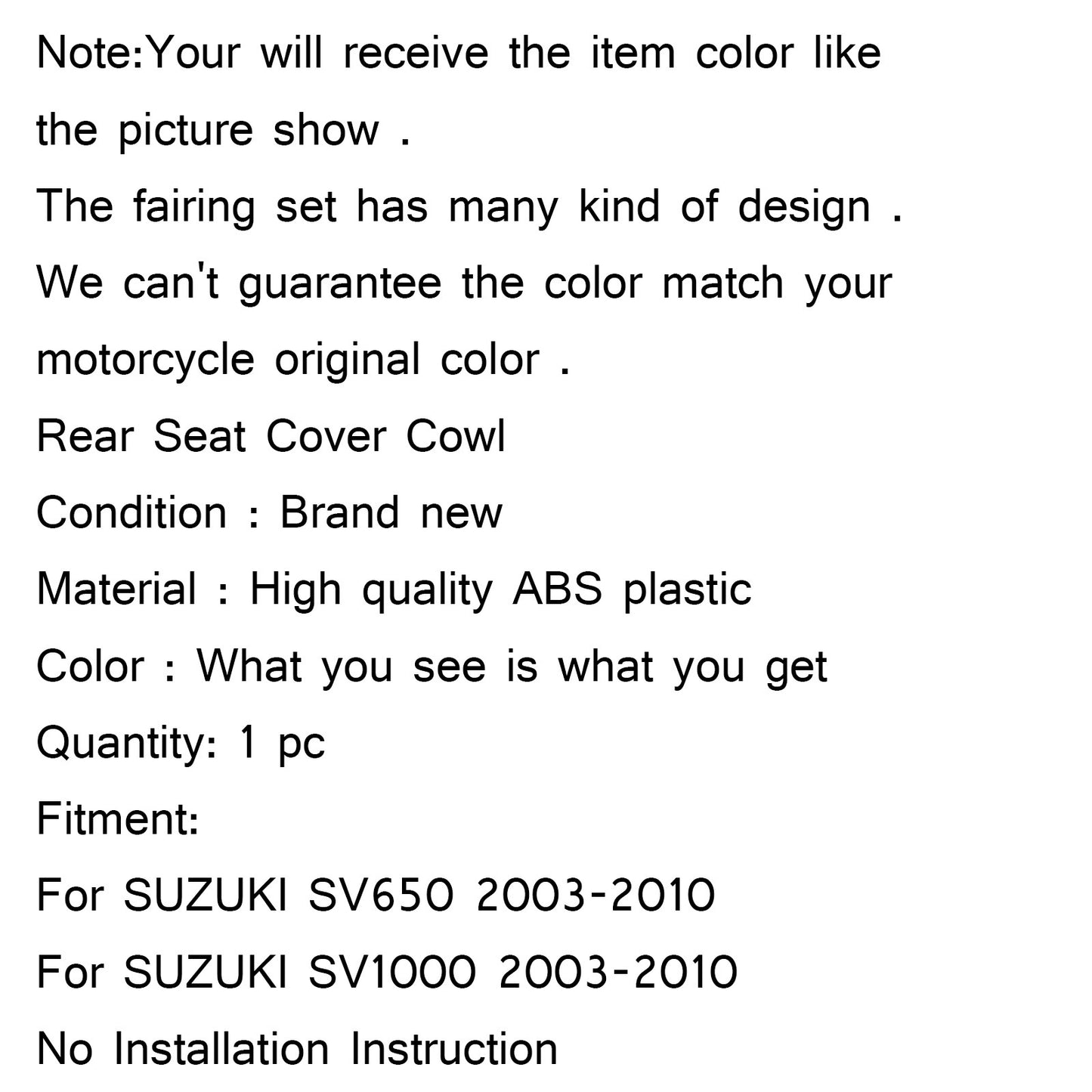 Capot de couverture de siège passager de peinture arrière pour Suzuki SV650 SV1000 2003-2012