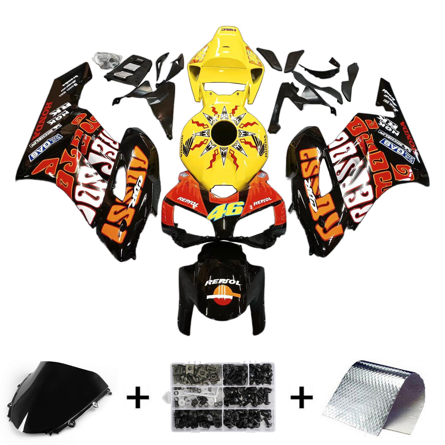 Amotopart-Verkleidungen Honda CBR1000RR 2004-2005 Verkleidung Valentino Rossi Racing Black Yellow Faituring Kit