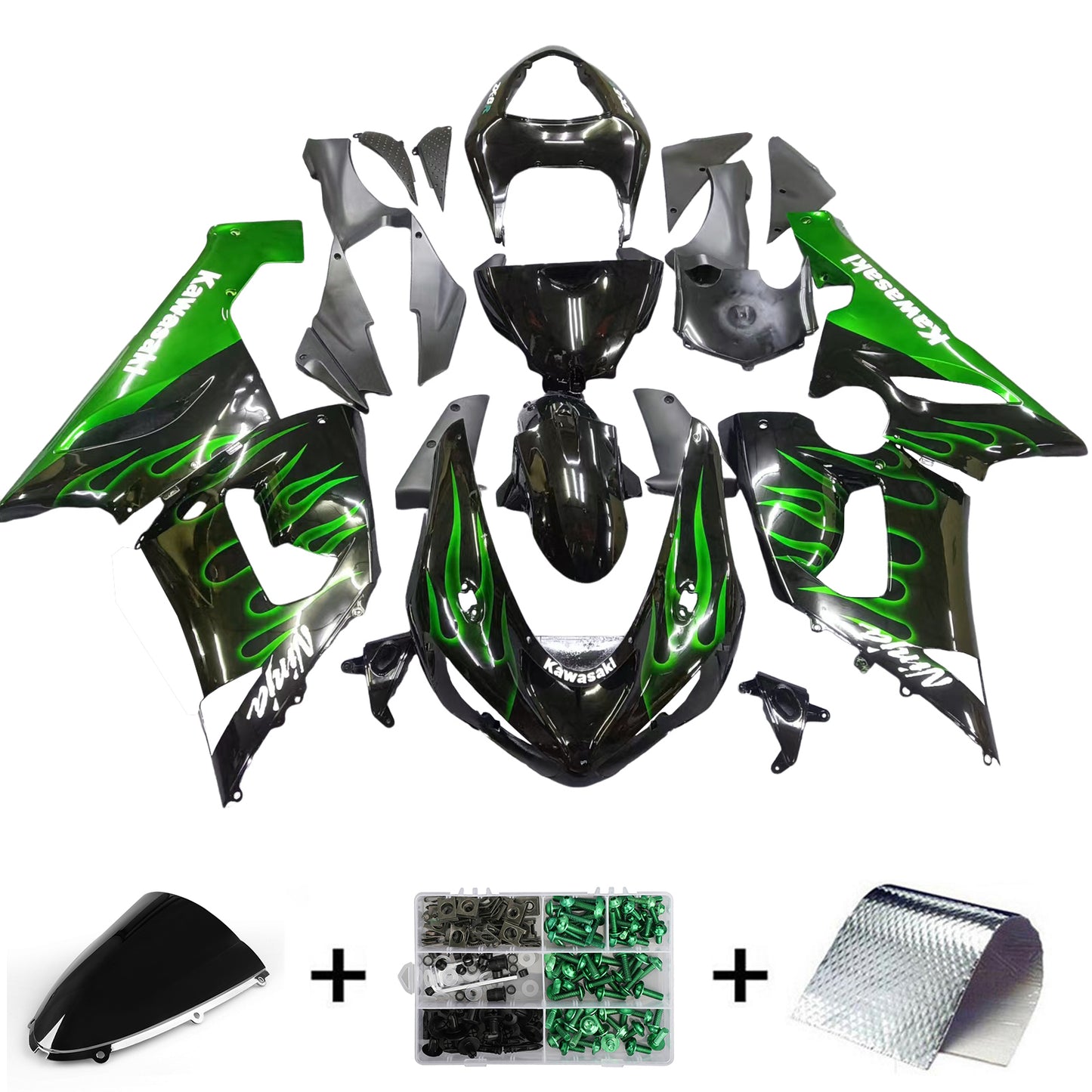 Amotopart 2005-2006 Kawasaki ZX6R 636 Kit de carénage vert et noir