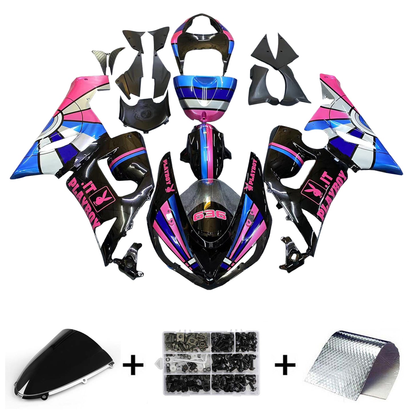 Amotopart Kawasaki 2005-2006 ZX6R 636 Kit de carénage Playboy Noir Rose