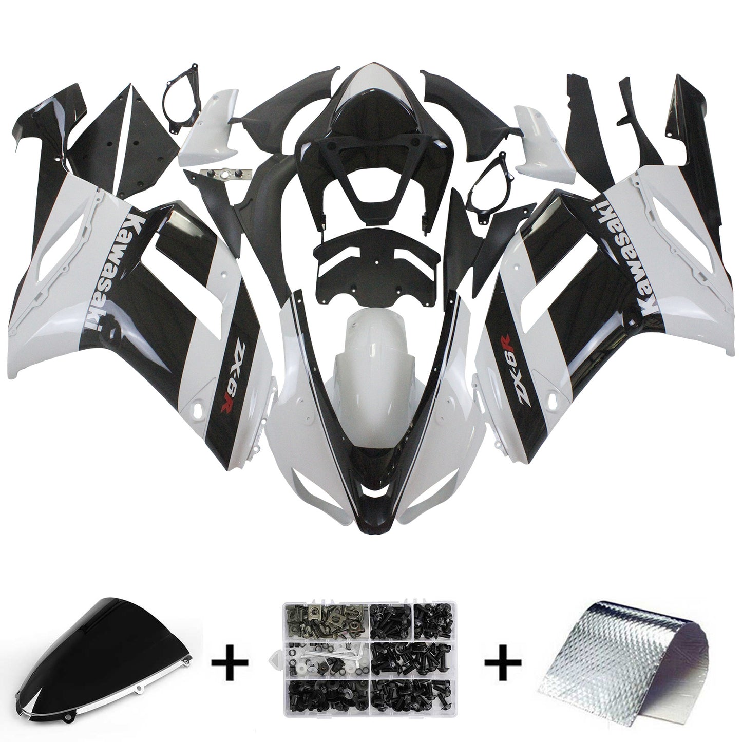 Kit de peur Amotopart Kawasaki 2007-2008 ZX6R 636 Blanc Noir