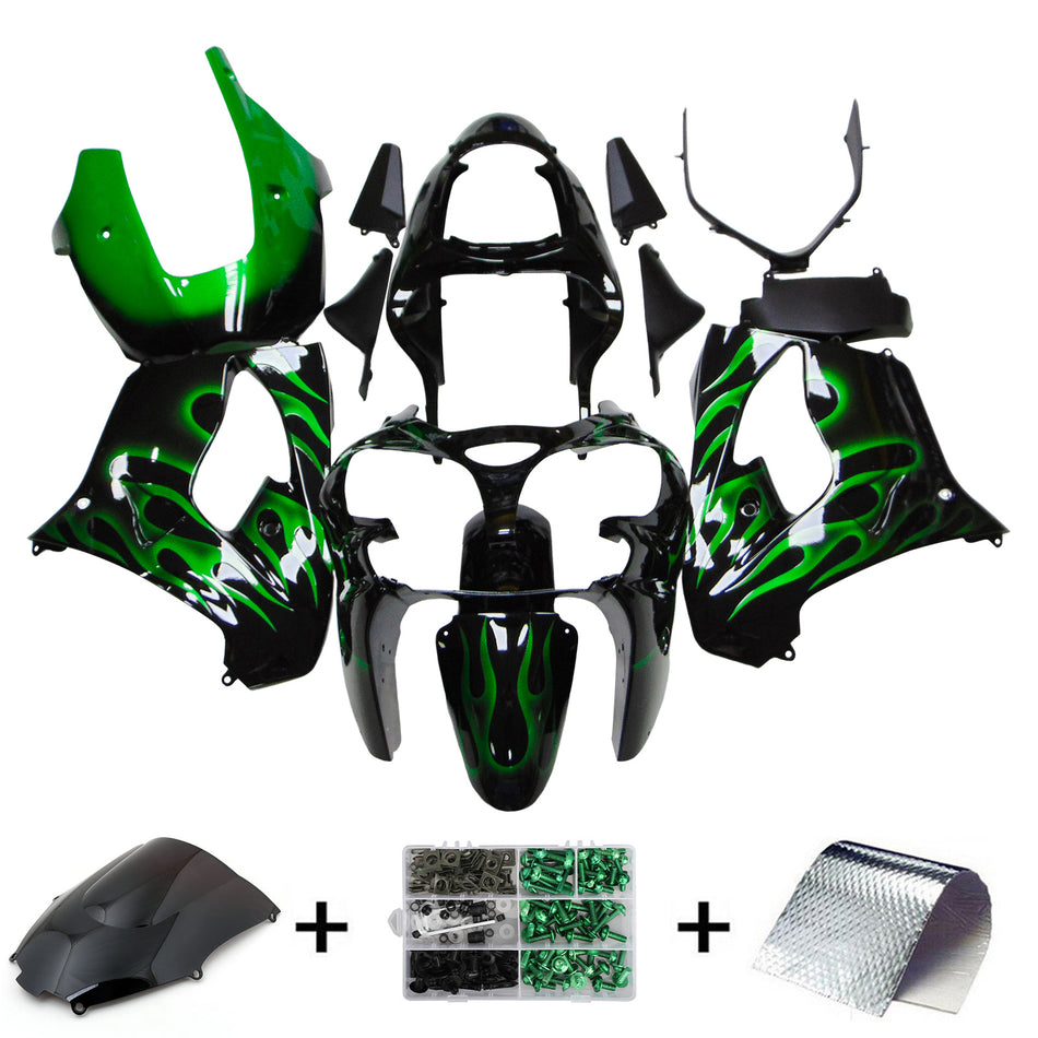 Amotopart Kawasaki ZX9R 2000-2001 Schwarzes Grünverkleidungskit