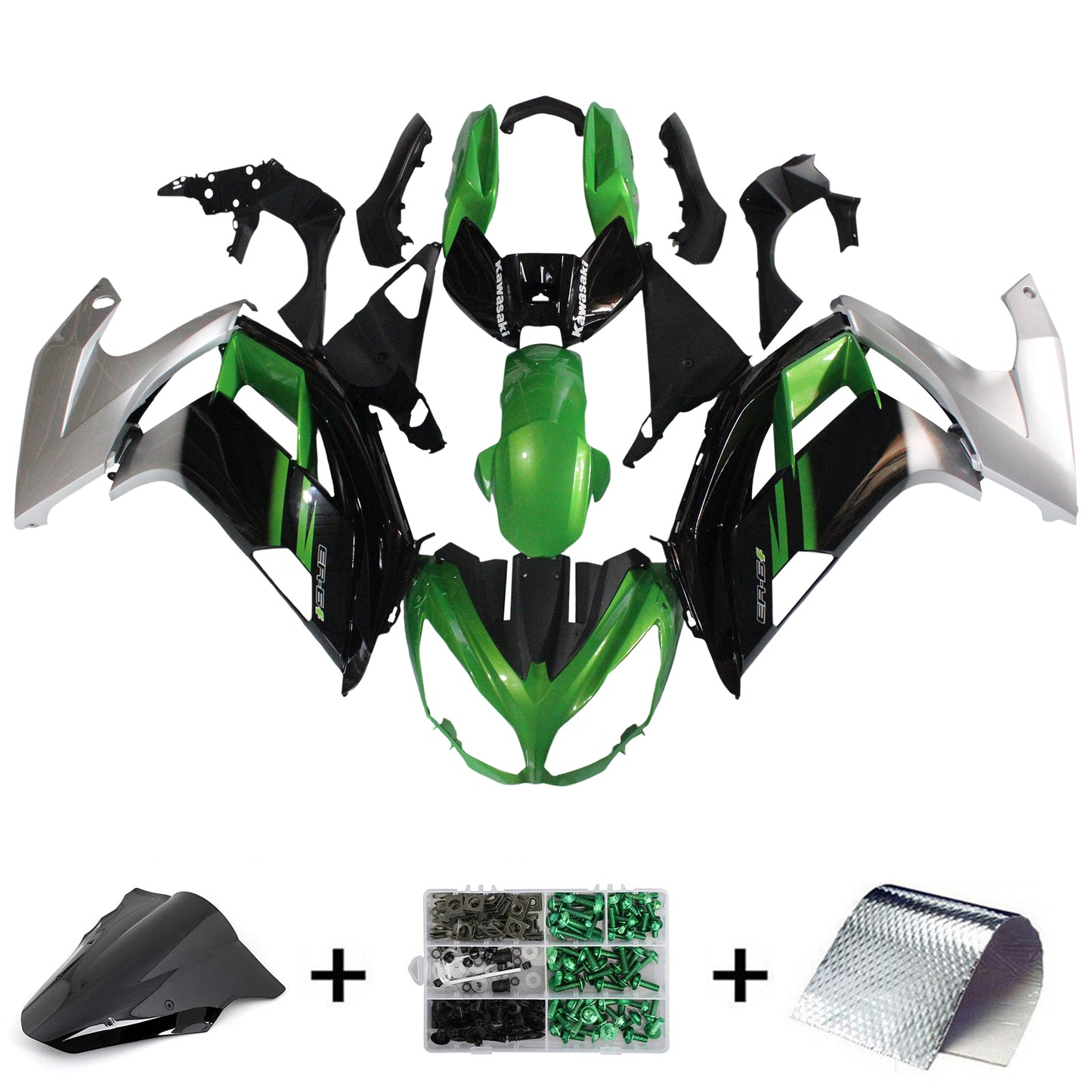 Amotopart 2012-2016 Kawasaki Ninja 650 Green Black Sliver Speaking Kit