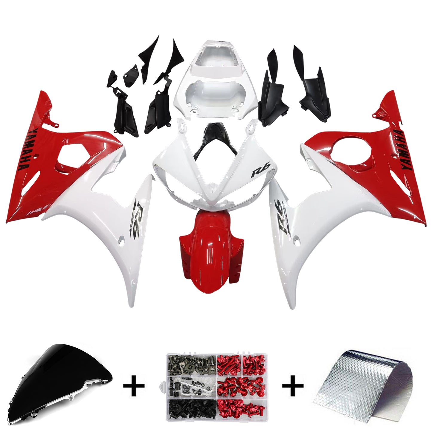 Amotopart 2003-2004 Yamaha R6 &amp; 2006-2009 YZF R6S Carénage Rouge Mix Blanc Kit