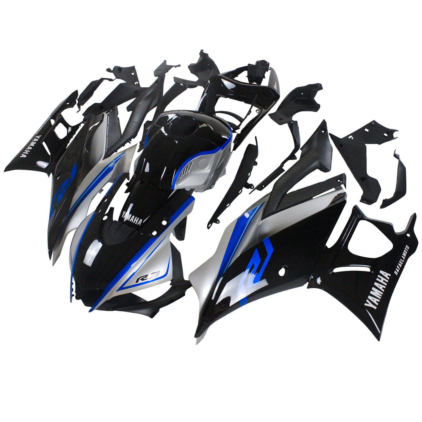 Amotopart Yamaha 2019-2021 YZF R3/YZF R25 Black Sliver Blue Fairing Kit