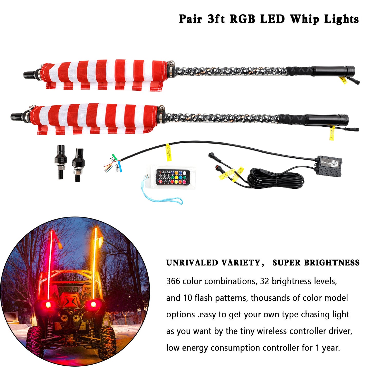2X 3ft RGB LED Whip Lights Antenne avec Télécommande Drapeau pour Polaris RZR UTV ATV
