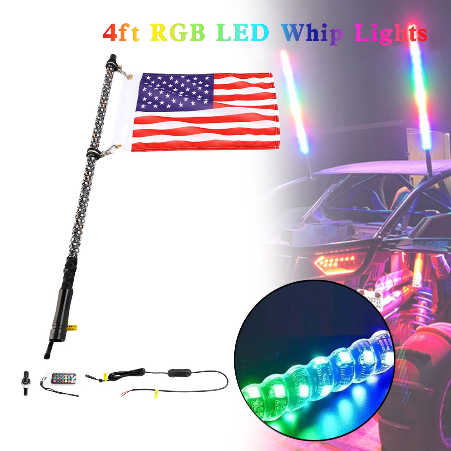 4ft RGB LED APP Whip Lights Antenne mit Flaggenfernbedienung für Polaris UTV ATV