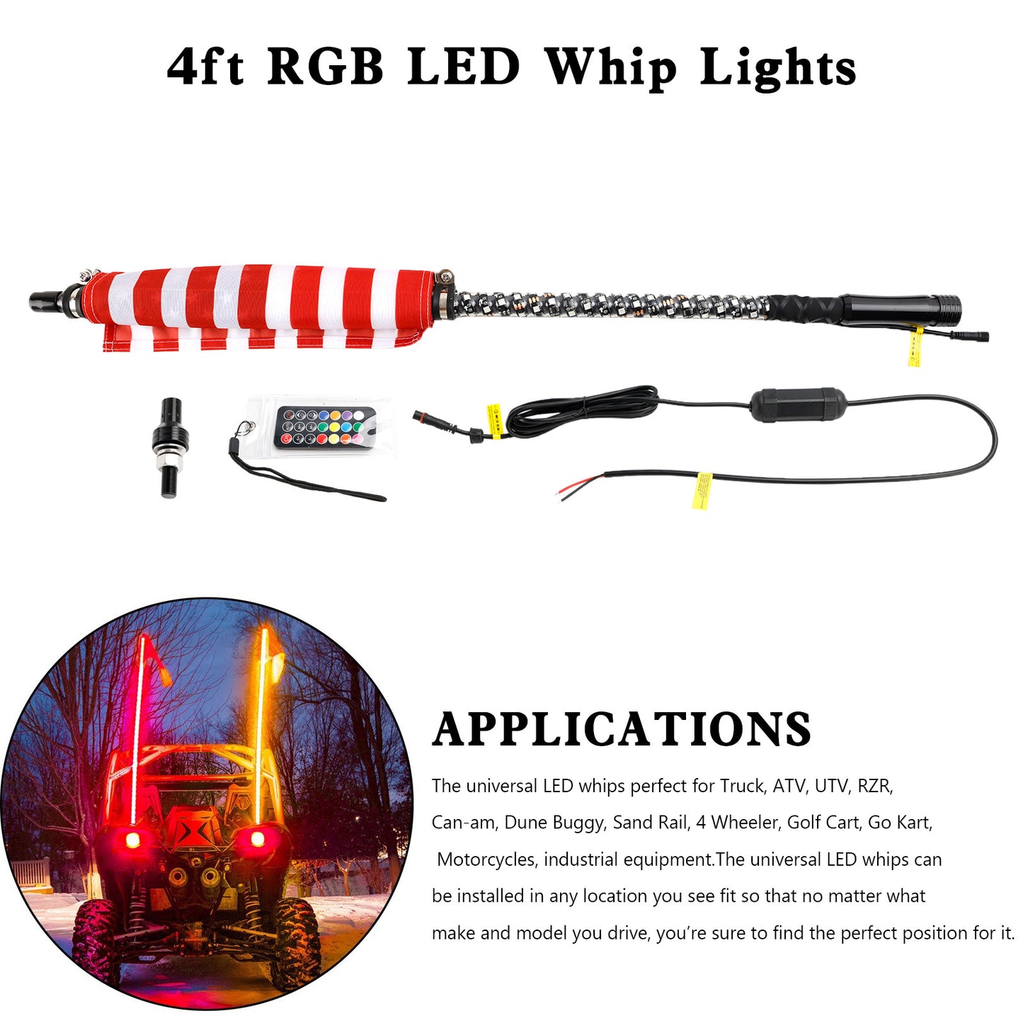 4ft RGB LED APP Whip Lights Antenne mit Flaggenfernbedienung für Polaris UTV ATV
