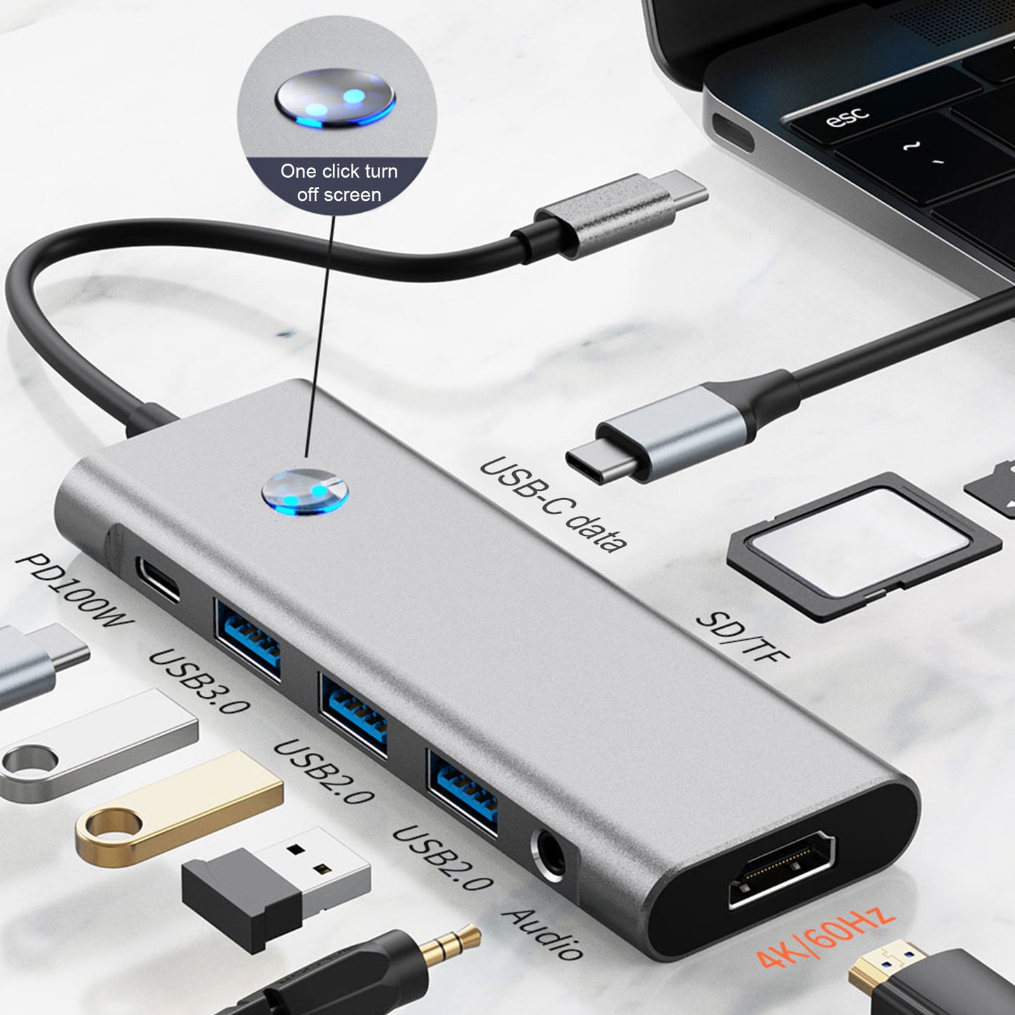 9 in 1 TYPE-C + USB3.0 USB2.0 HDMI SD/TF PD100W Audio Datenschnittstelle Hub Adapter