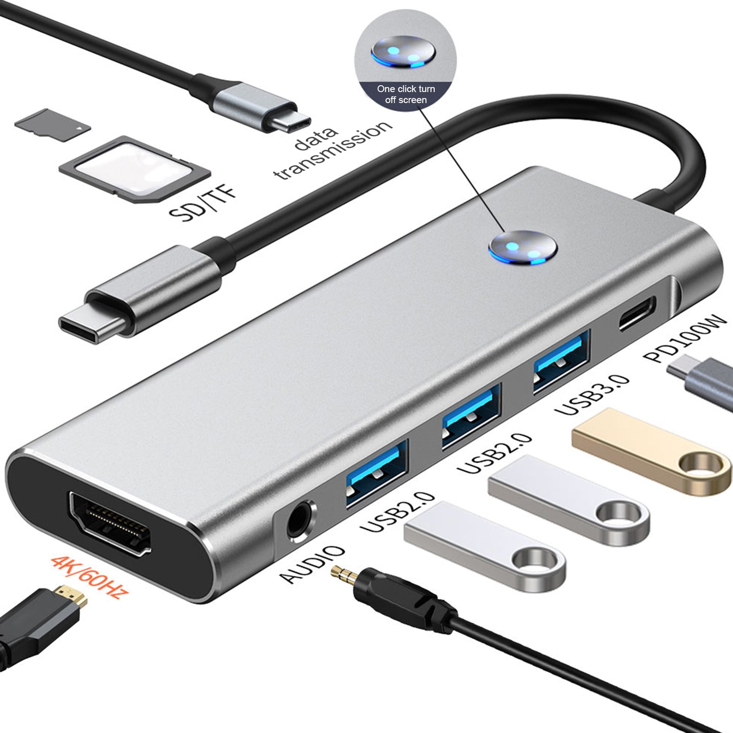 9 in 1 TYPE-C + USB3.0 USB2.0 HDMI SD/TF PD100W Audio Datenschnittstelle Hub Adapter