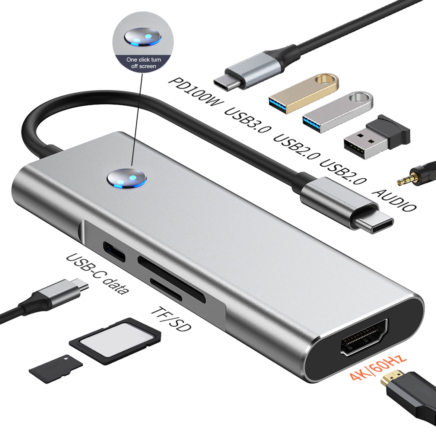 9 in 1 TYPE-C + USB3.0 USB2.0 HDMI SD/TF PD100W Audio Datenschnittstelle Hub Adapter