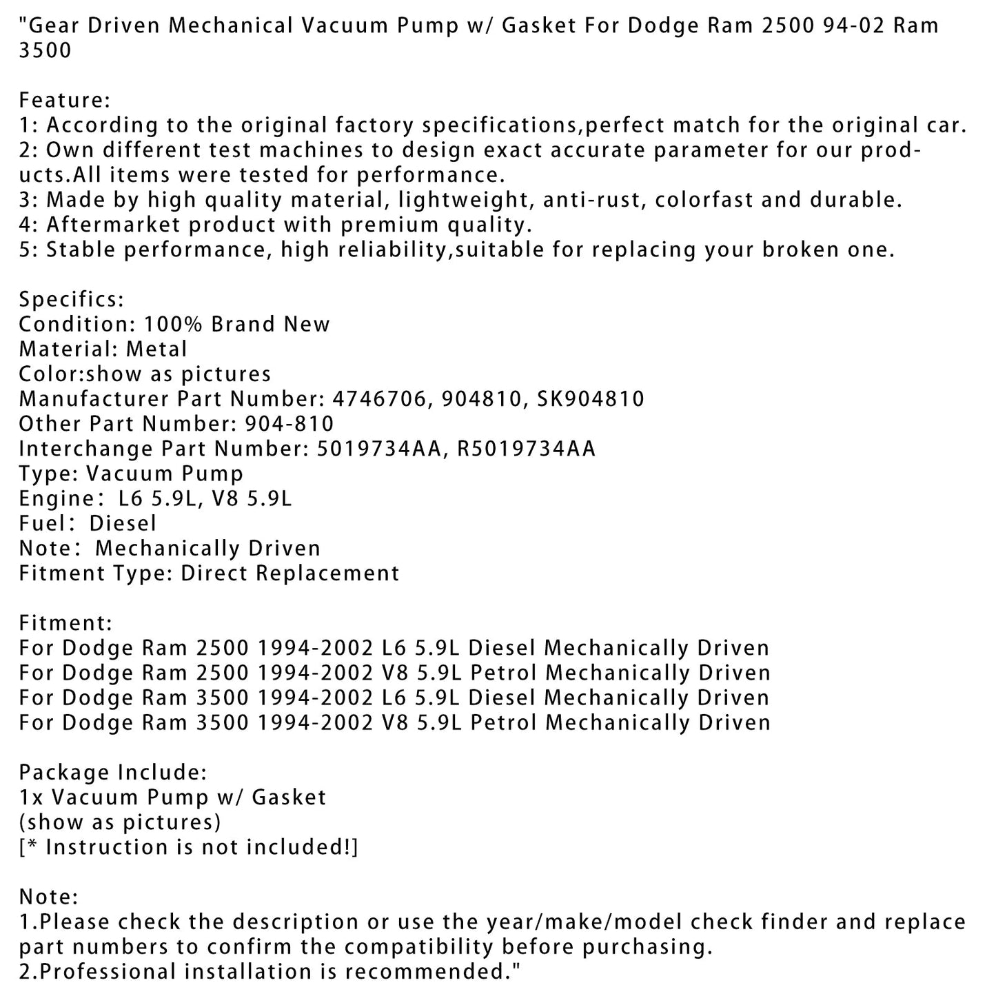 1994-2002 Dodge Ram 2500 V8 5,9 l Benzin-Zahnradgetriebene mechanische Vakuumpumpe mit Dichtung 5019734AA