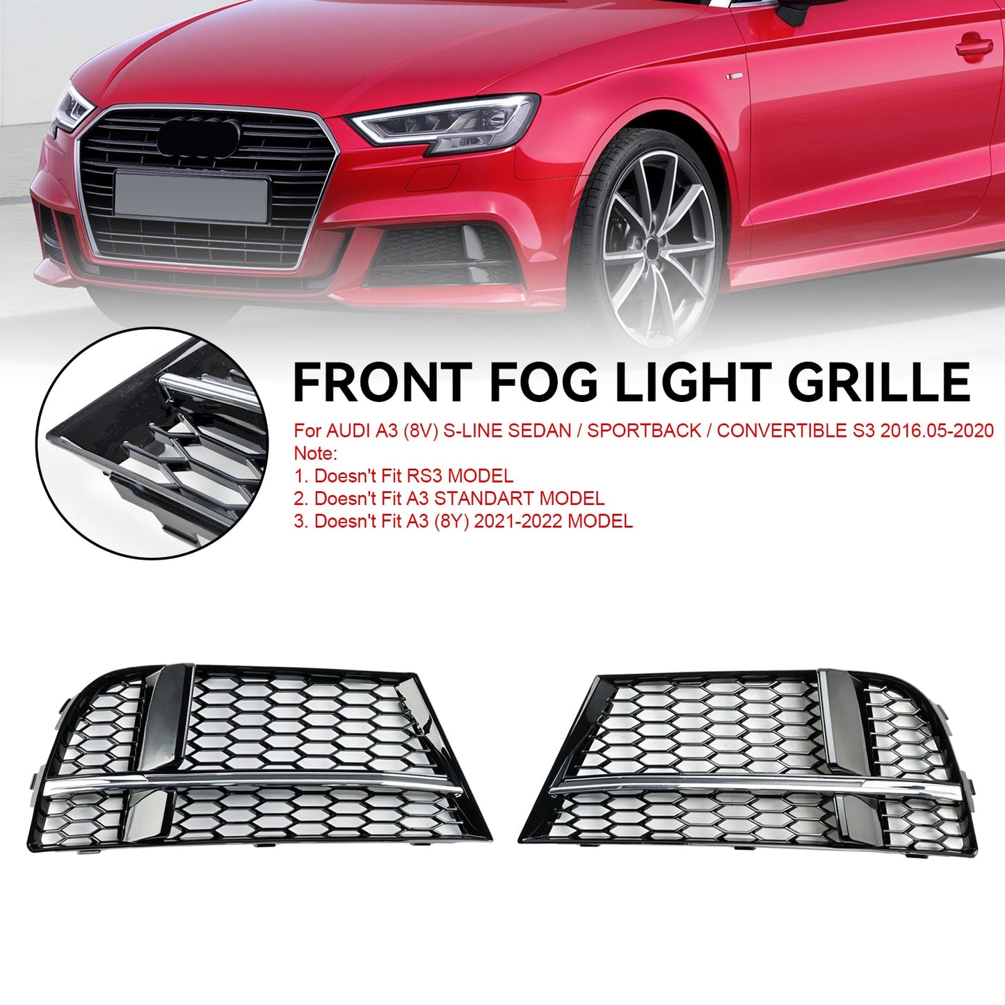 Nebelscheinwerfer Abdeckung Lünette Grill Grille Fit AUDI A3 S-LINIE 2017-2019 8V