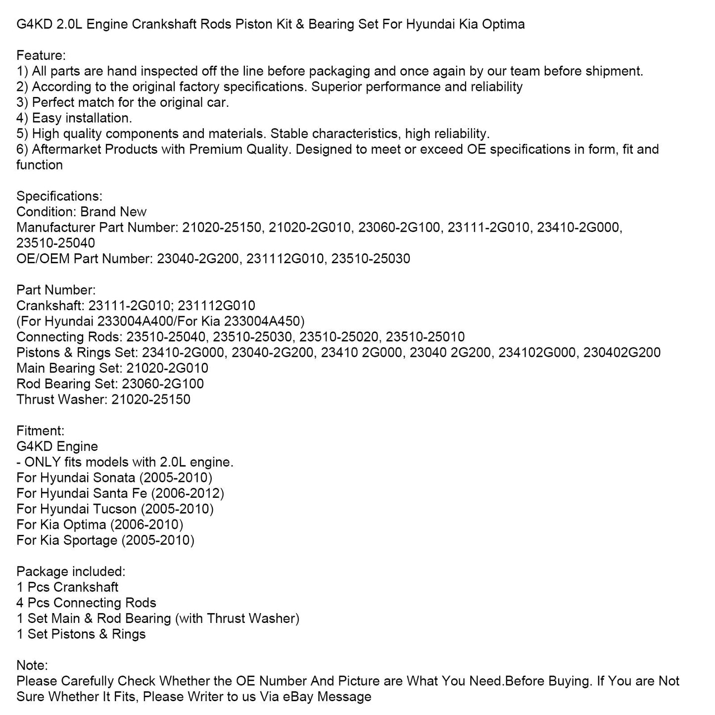 2005-2010 Hyundai Sonata G4KD 2.0L Motor Kurbelwellenstangen Kolbensatz &amp; Lagersatz