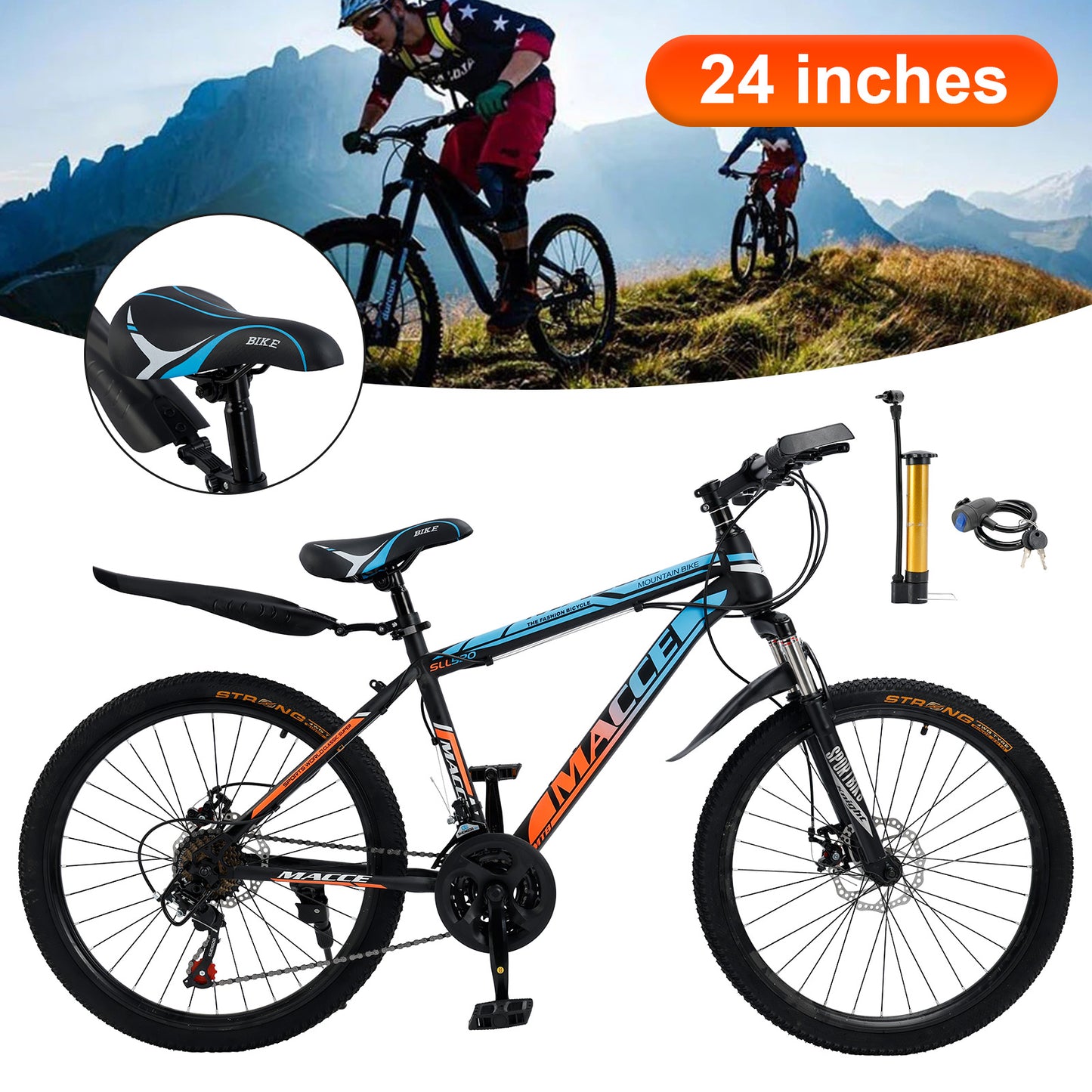 24 "Speichenrad 24 Geschwindigkeit Mountainbike Erwachsenenfahrrad Blau + Orange