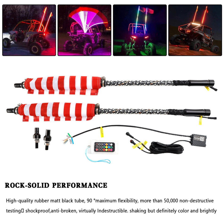 2 x 90 cm RGB-LED-Peitschenantenne mit Flagge und Fernbedienung für Polaris RZR UTV ATV