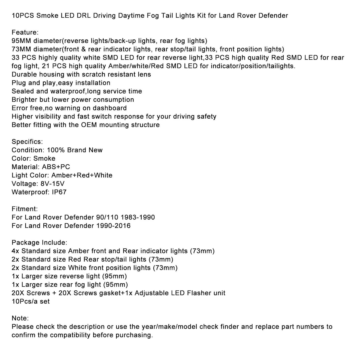 1983-1990 Land Rover Defender 90/110 get?nte LED-Tagfahrlicht-Set für tagsüber, Nebelschlussleuchten, 10 Stück