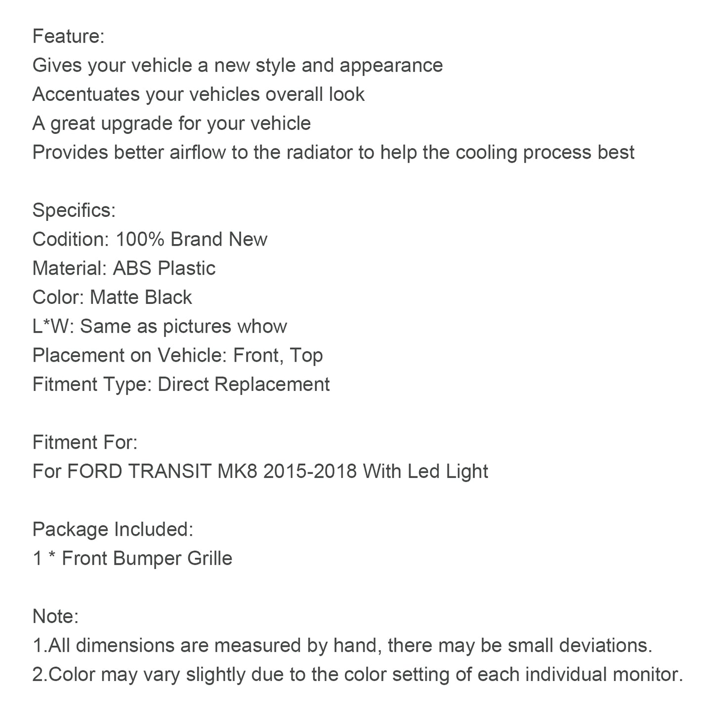 Matt Black Front Bumper Grille Grill w/LED Fit Ford Transit MK8 2015-2018 Raptor