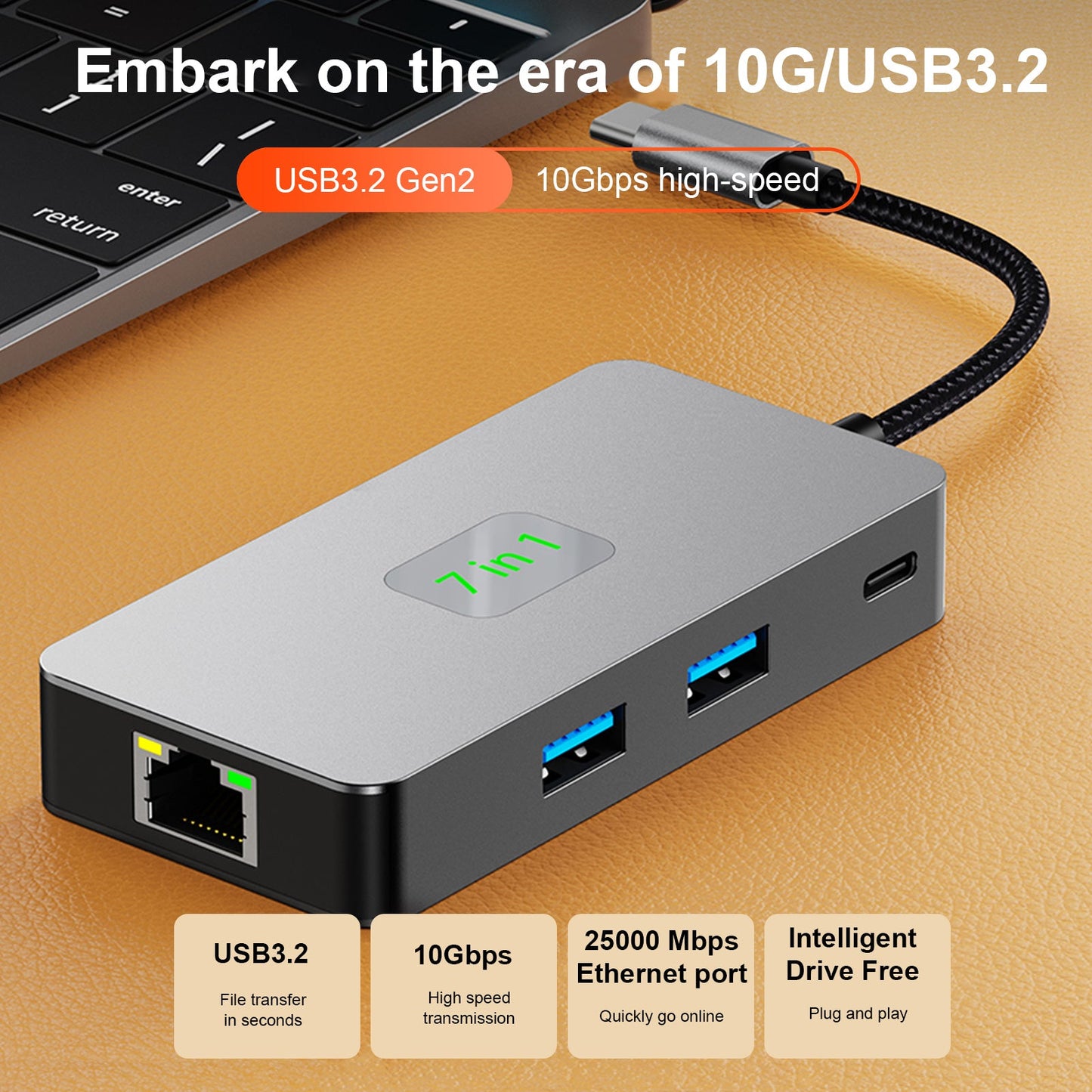 7 in 1 TYPE-CtoRJ45 2,5G 10G USB3.2 HDMI PD100W SD TF Schnittstelle Hub Adapter Dock