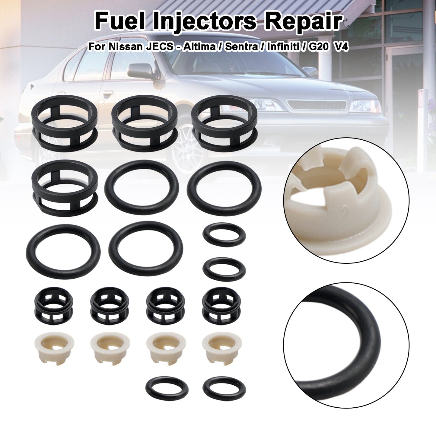 Nissan JECS – Altima/Sentra/Infiniti/G20 V4, 4-teiliges Reparaturset für seitliche Einspritzdüsen, Filter, Dichtungen, O-Ringe, Zapfenkappen