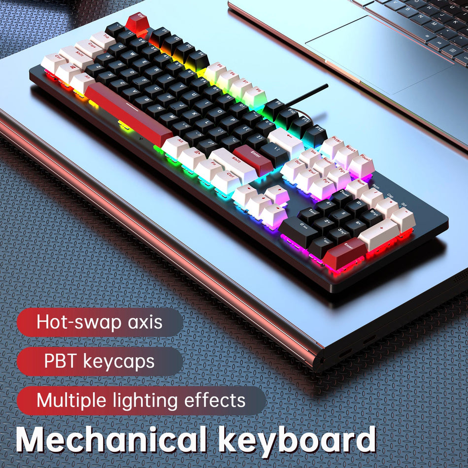 Kabelgebundene mechanische Gaming-Tastatur mit 104 Tasten, linearen Schaltern, blauen Schaltern und RGB-Beleuchtung