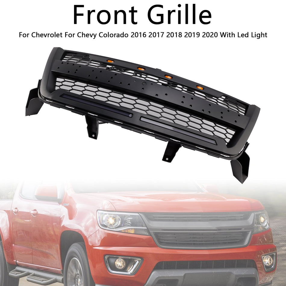 Mattschwarzer Kühlergrill für die Frontsto?stange, passend für Chevy Colorado 2016–2020, mit LED
