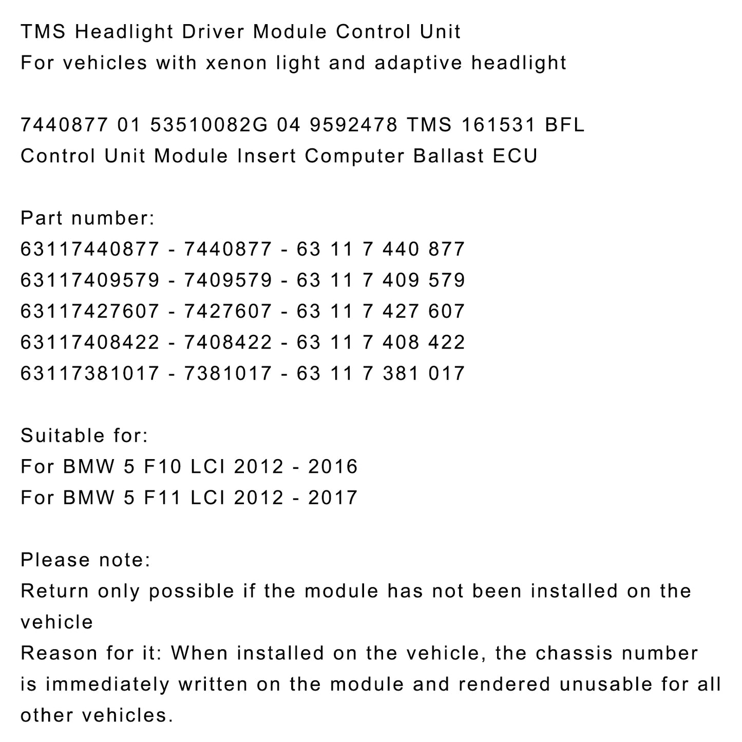 Unité de commande de phare TMS pour série 5 528i M5 63117440877