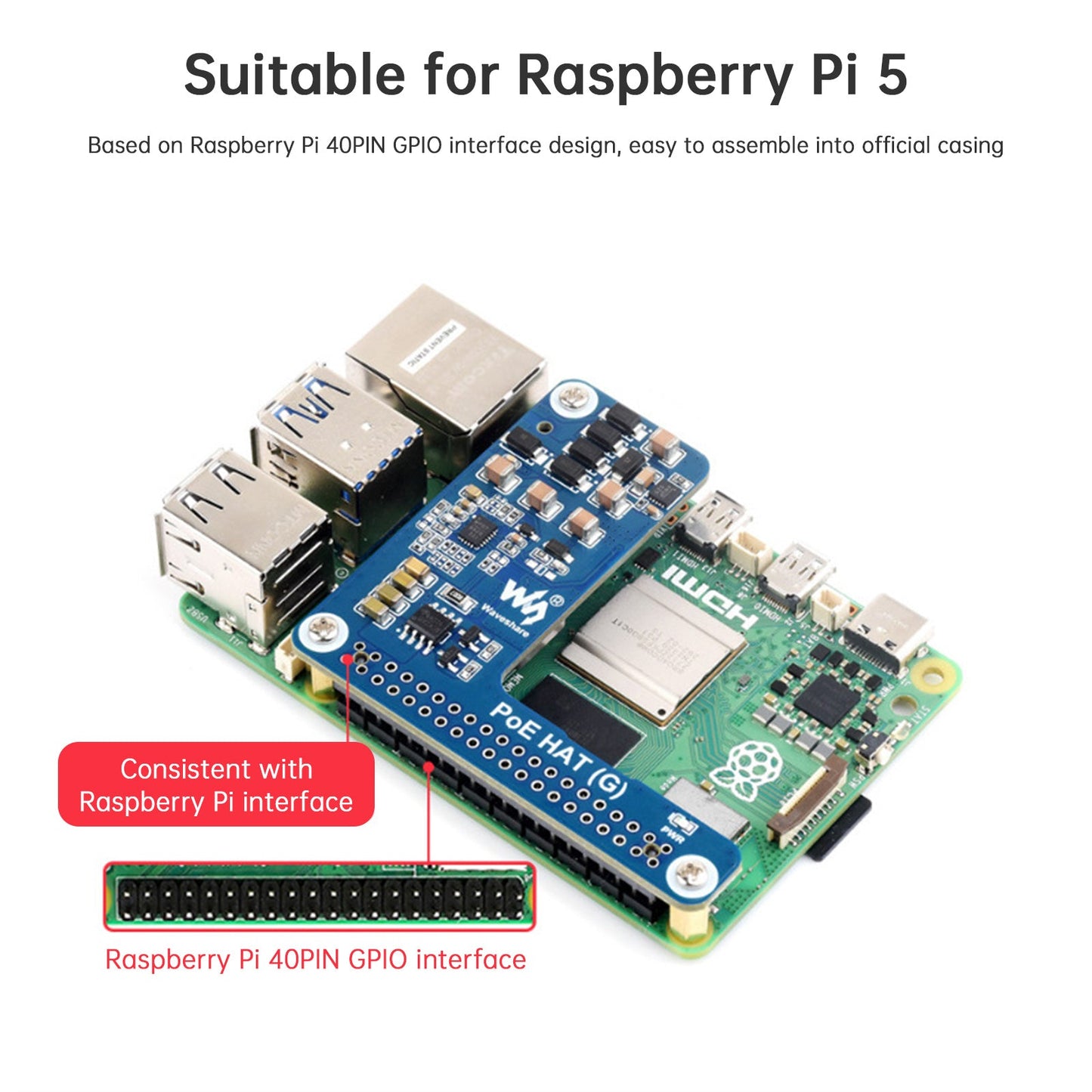 Raspberry Pi 5 Ethernet-Erweiterungskarte PoE-Stromversorgungsmodul 802.3af/at