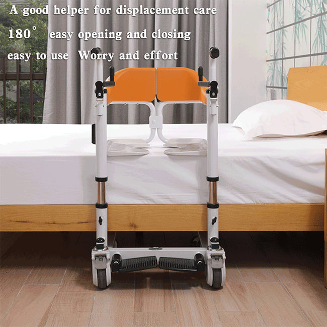 Älterer Patientenstuhl Transferrollstuhl mit 180° geteiltem Sitz und Bettpfanne