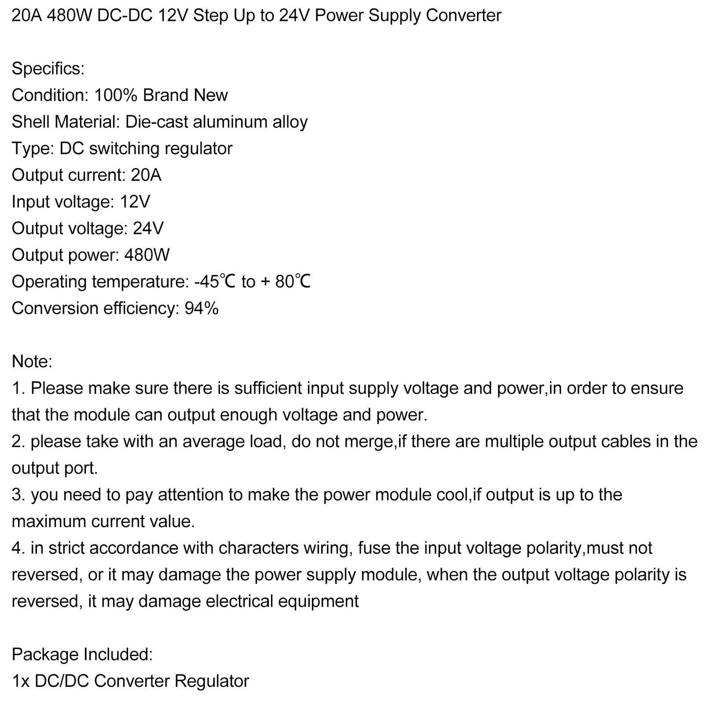 Areyourshop DC-DC 12V Step Up to 24V 20A 480W Car Power Supply Converter Regulator Waterproof