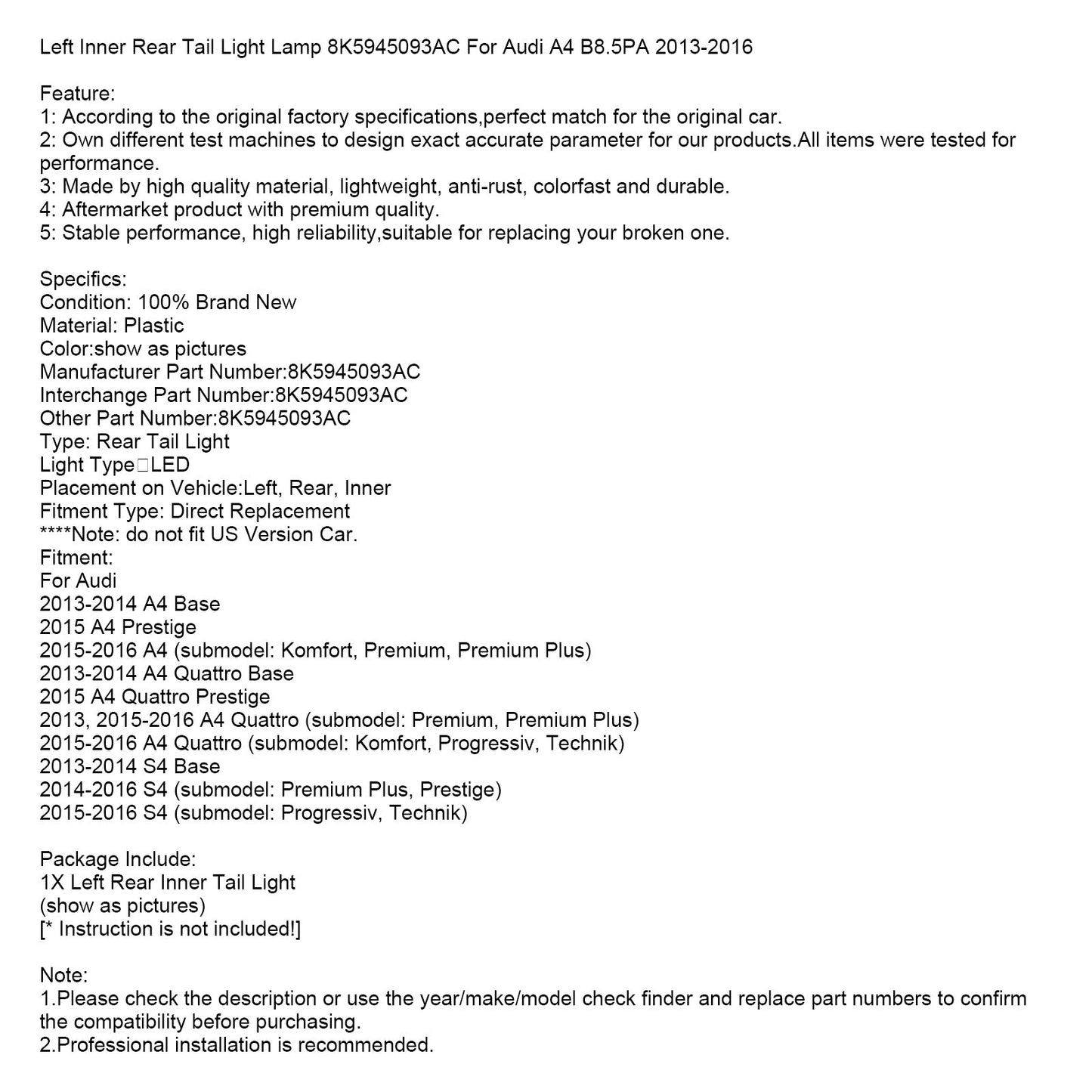 Linke innere hintere Rücklichtlampe 8K5945093AC für Audi A4 B8.5PA 2013-2016