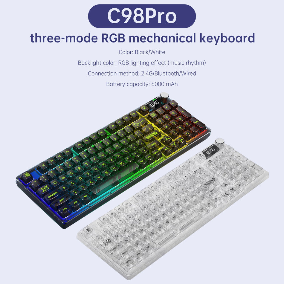 Mechanische Tastatur mit 98 Tasten, 2,4-GHz-Funkverbindung, Bluetooth, drei Modi, RGB-Beleuchtung und Hot-Swap-Funktion