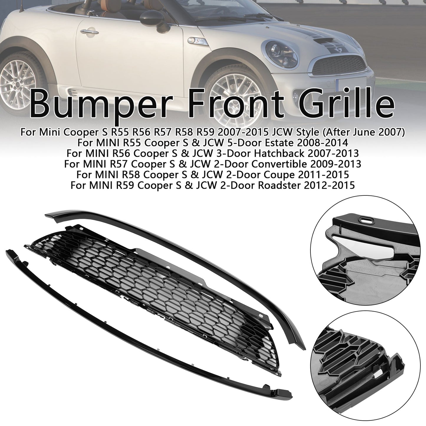 2008-2014 Mini R55 Cooper S &amp; JCW 5-Türer Kombi 3-teiliger Kühlergrill in Hochglanzschwarz