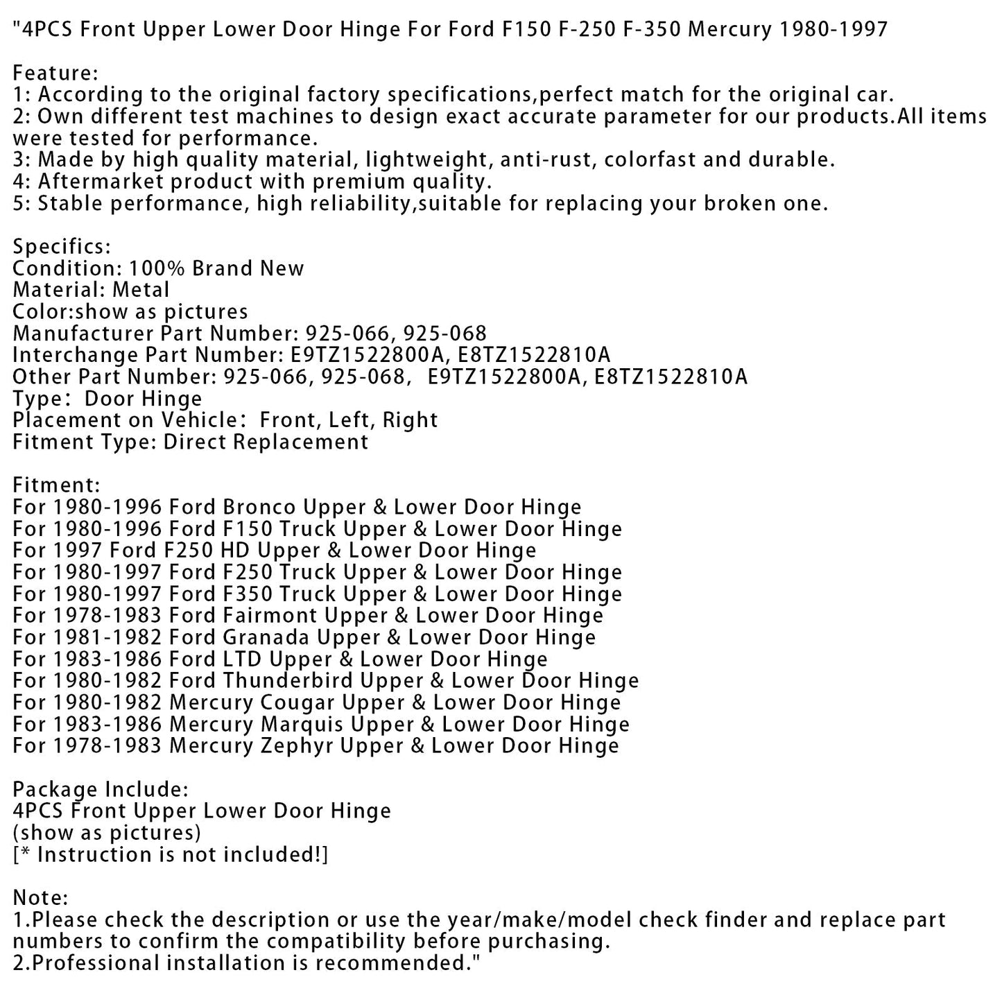 1983-1986 Mercury Marquis Oberes und unteres Türscharnier 4-teilig Vorderes oberes unteres Türscharnier 925-066