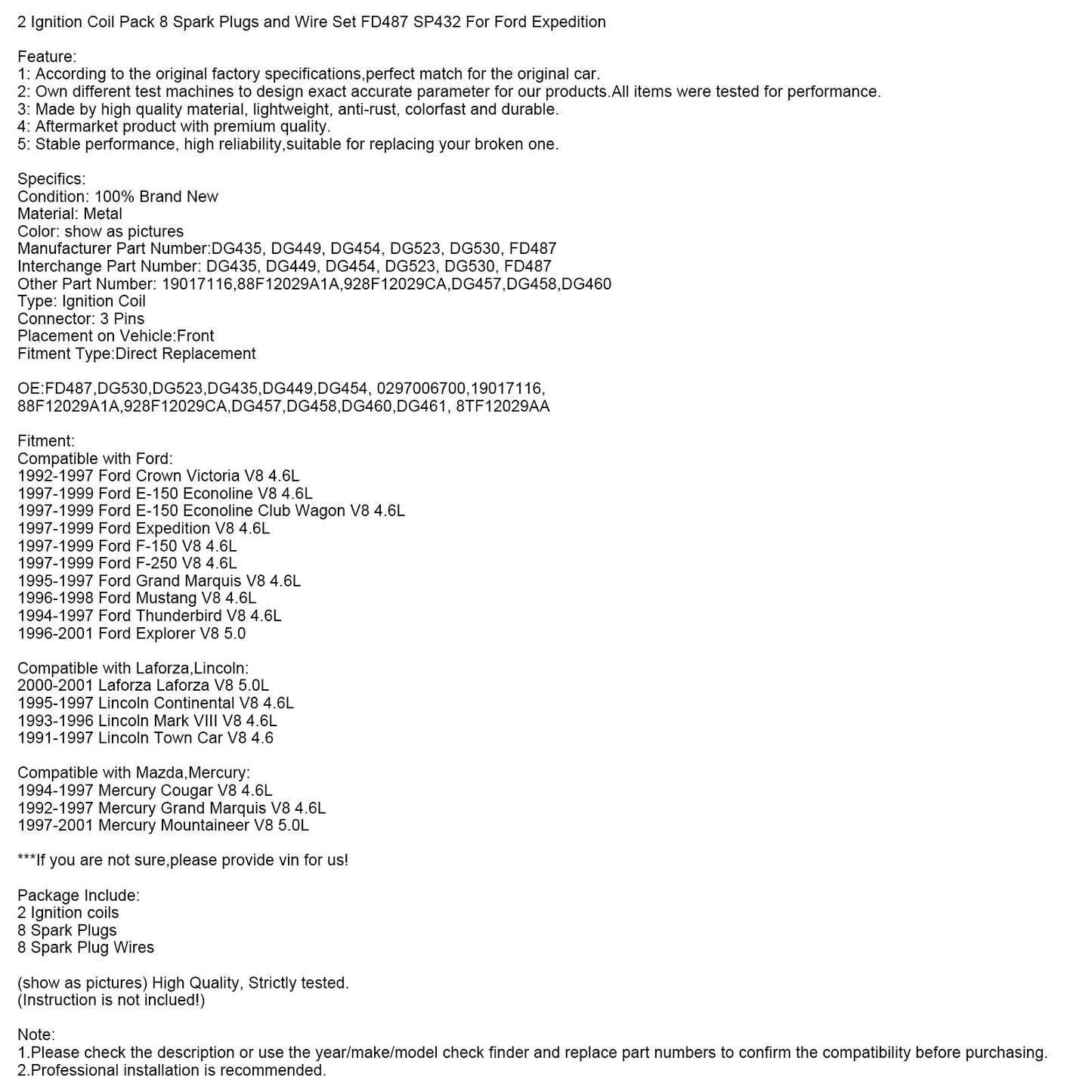 1996-2001 Ford Explorer V8 5.0 2 Zündspulenpaket 8 Zündkerzen und Kabelsatz FD487 SP432