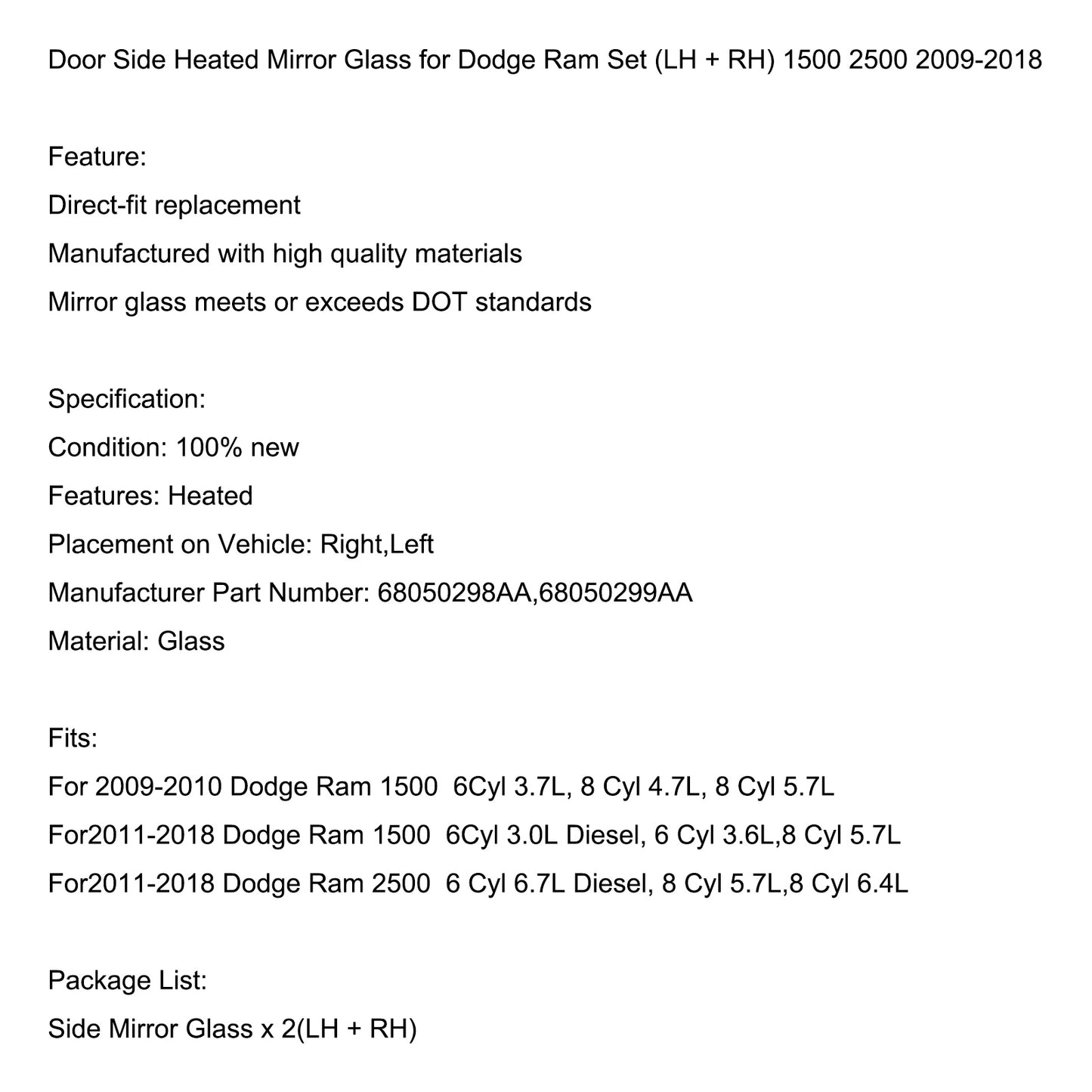 Door Side Heated Mirror Glass für Dodge Ram Set (LH + RH) 1500 2500 2009-2018