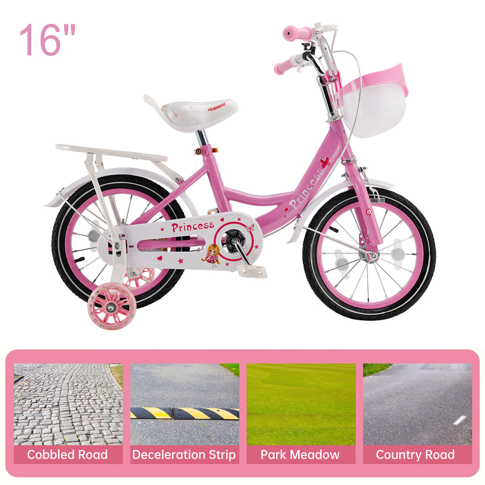 16"/18" Kinderfahrrad für Mädchen mit Stützrädern, Korb und Ständer