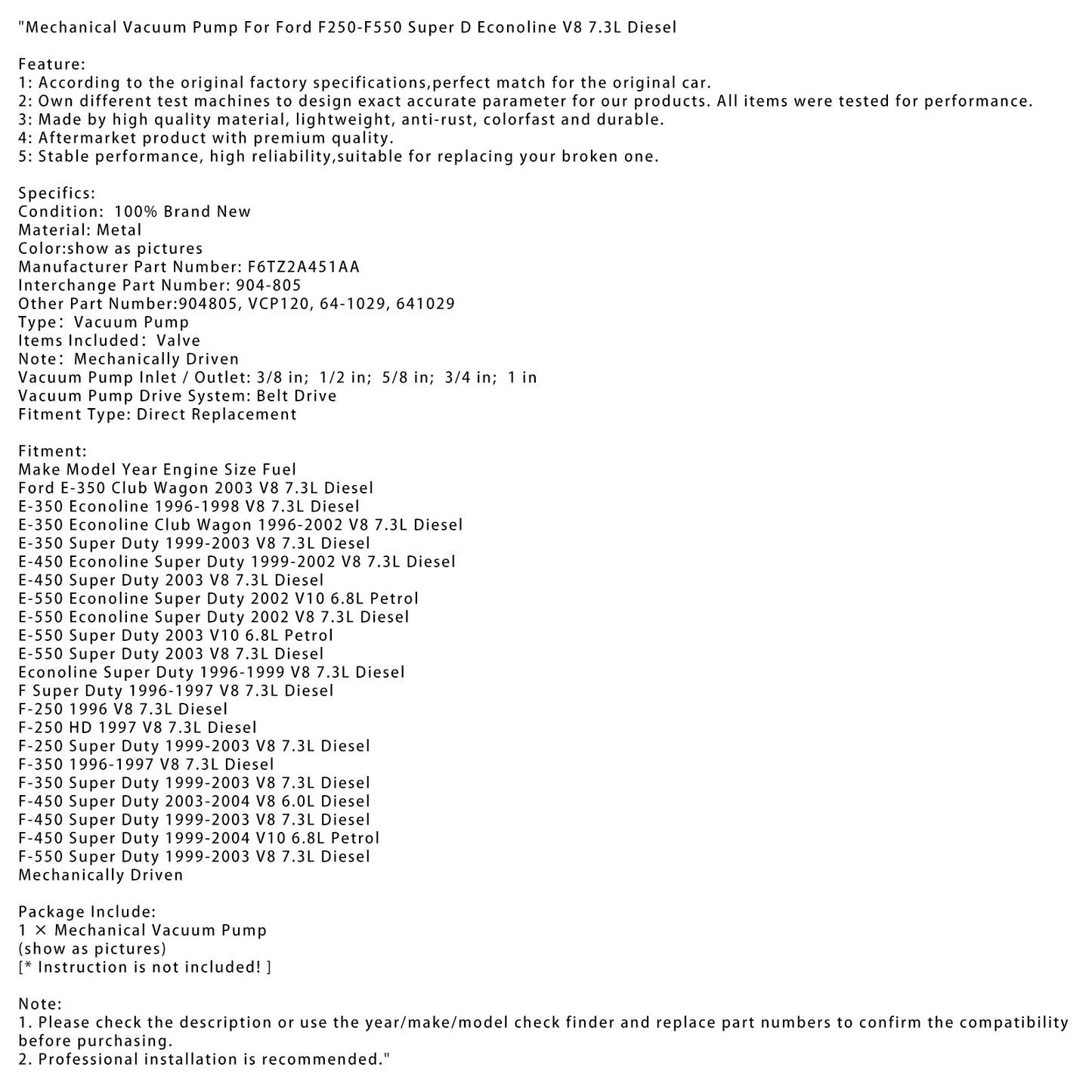 1999-2003 Ford E-350 Super Duty V8 7,3 L Diesel Mechanische Vakuumpumpe F6TZ2A451AA