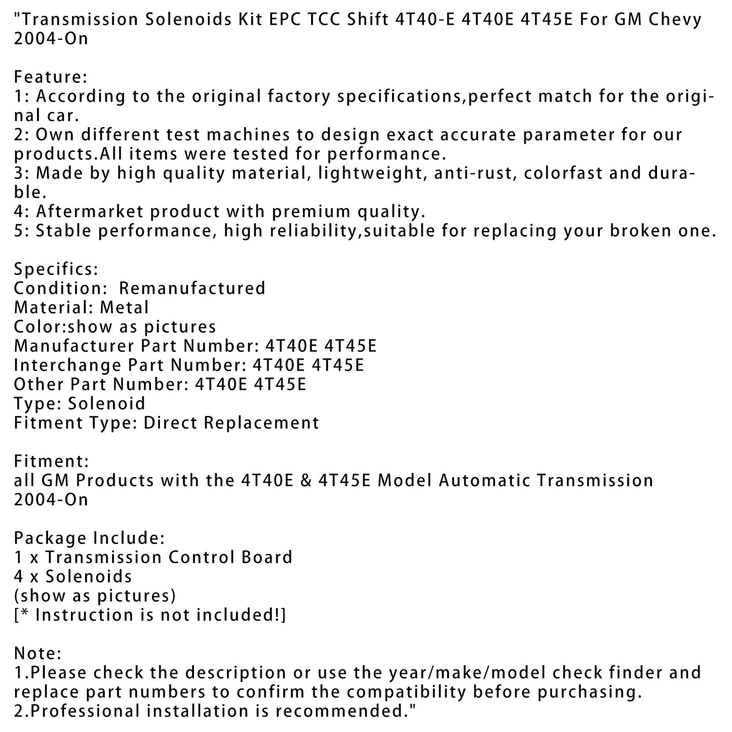 2004-On GM Chevy Getriebe-Magnetschalter-Kit EPC TCC Shift 4T40-E 4T40E 4T45E