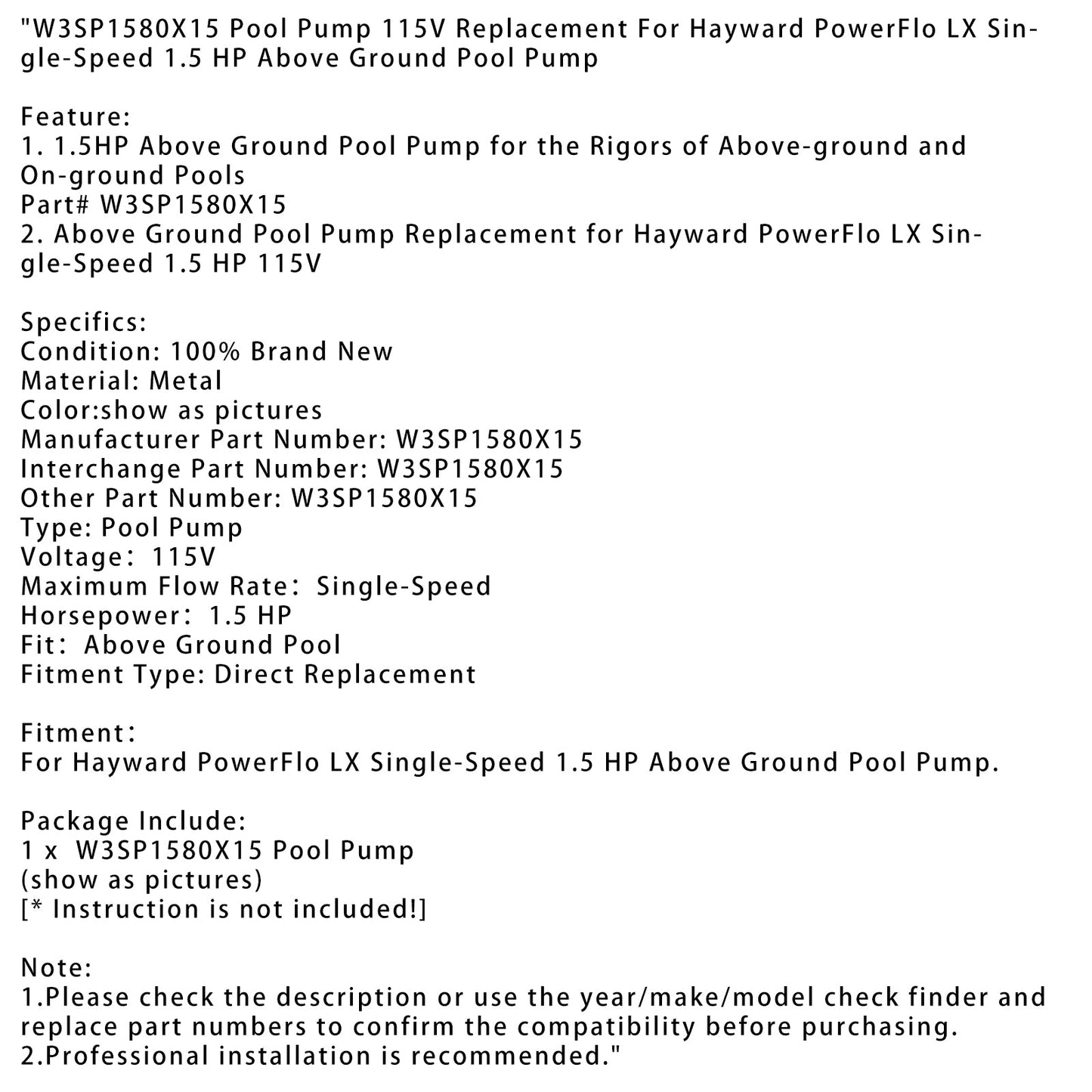 W3SP1580X15 Poolpumpe, 115 V, Ersatz für Hayward PowerFlo LX 1,5 PS