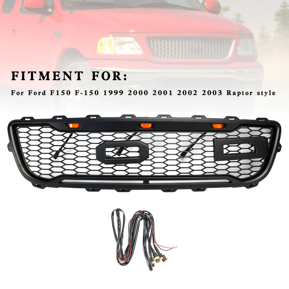 Matte Black Front Honeycomb Bumper Grille Grill Fit Ford F150 1999-2003 W/ Led