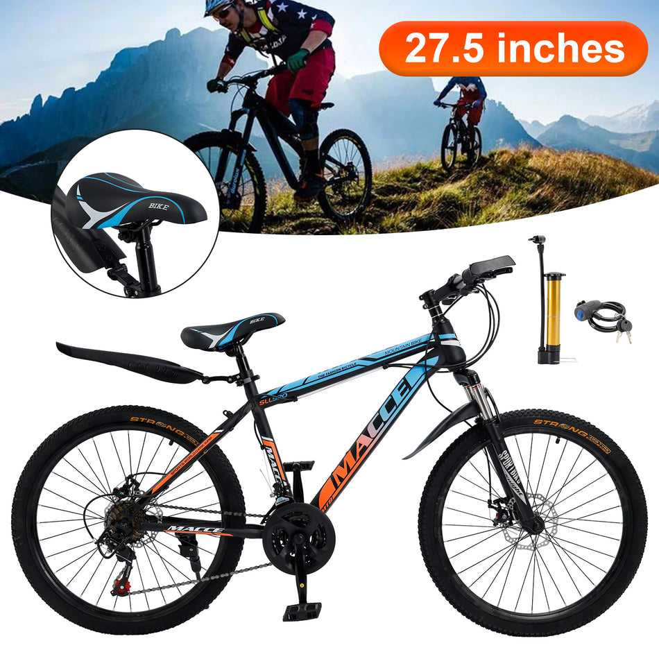 27,5" Mountainbike für Erwachsene mit Speichenrädern, 24 Gänge, Schutzblech, Blau+Orange