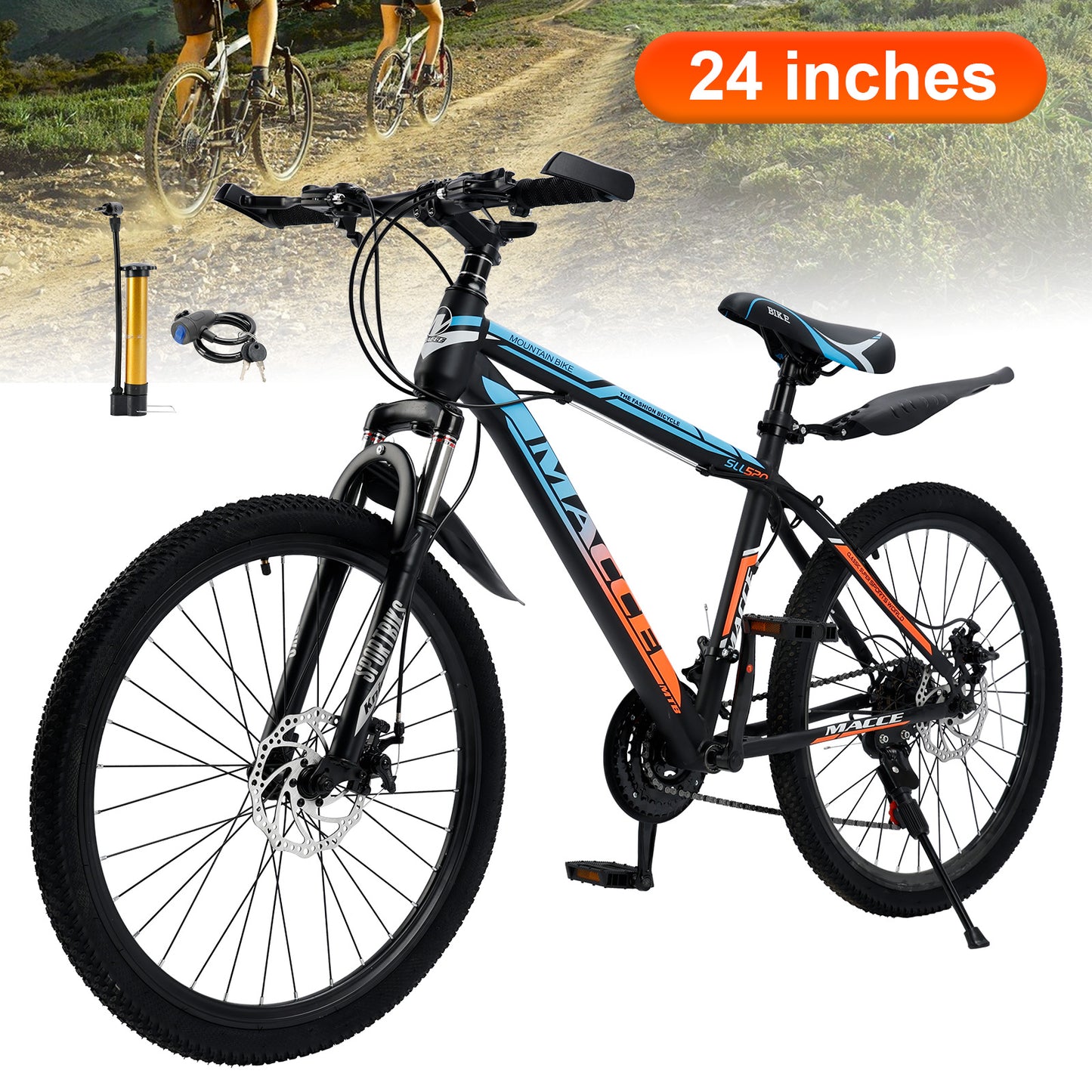 24 "Speichenrad 24 Geschwindigkeit Mountainbike Erwachsenenfahrrad Blau + Orange