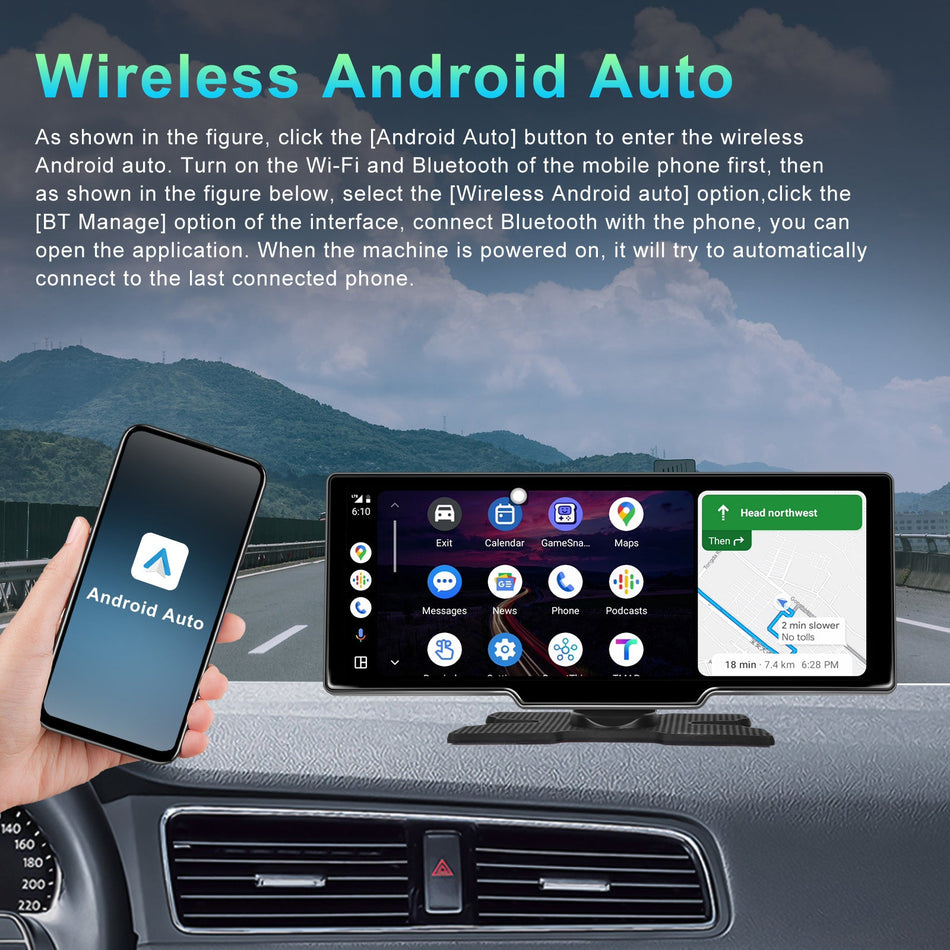 10,26"" Tragbares Bluetooth-Autonavigationssystem, kabelloses Carplay, gro?er HD-Touchscreen