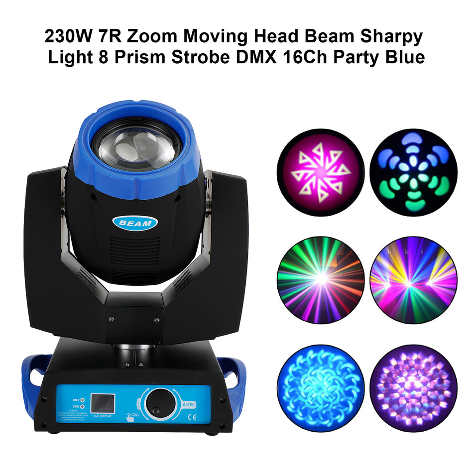 230W 7R Zoom Moving Beam Bühnenbeleuchtung Licht 8 Prism Strobe DMX 16Ch Blau