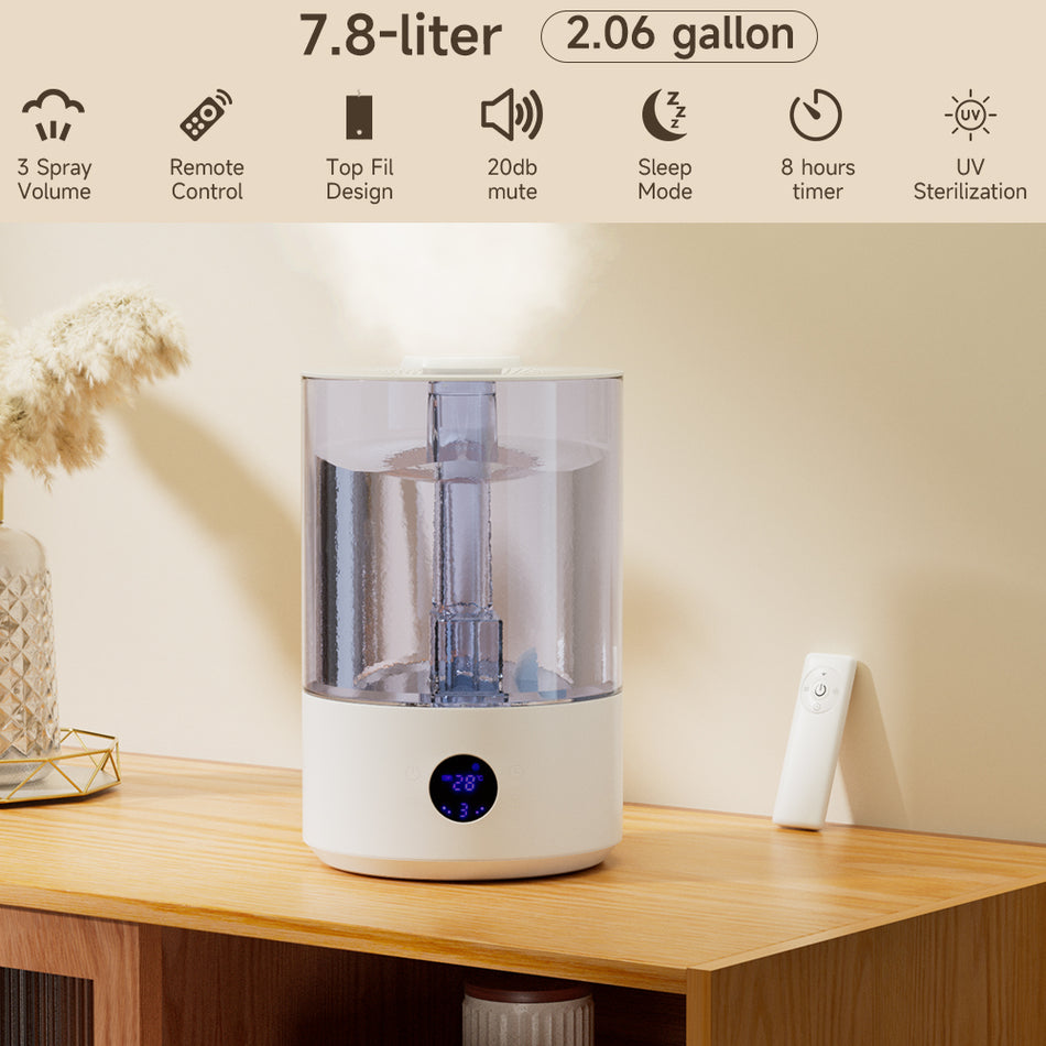 Luftbefeuchter für großes Schlafzimmer (7,8L), mit UV-Sterilisation, Duftöl, 2 Ausgänge