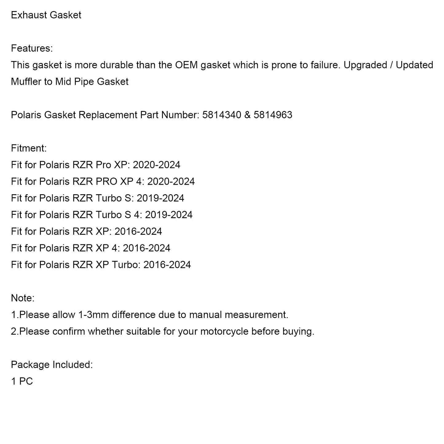 5814340 5814963 verbesserte Auspuffdichtung für Polaris RZR Turbo XP PRO 2016-2023
