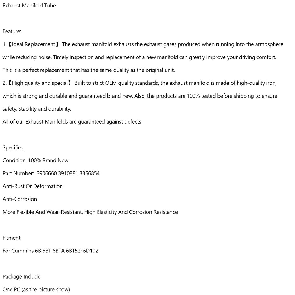 3906660 3910881 3356854 Exhaust Manifold Tube For Cummins 6B 6BT 6BTA 6BT5.9