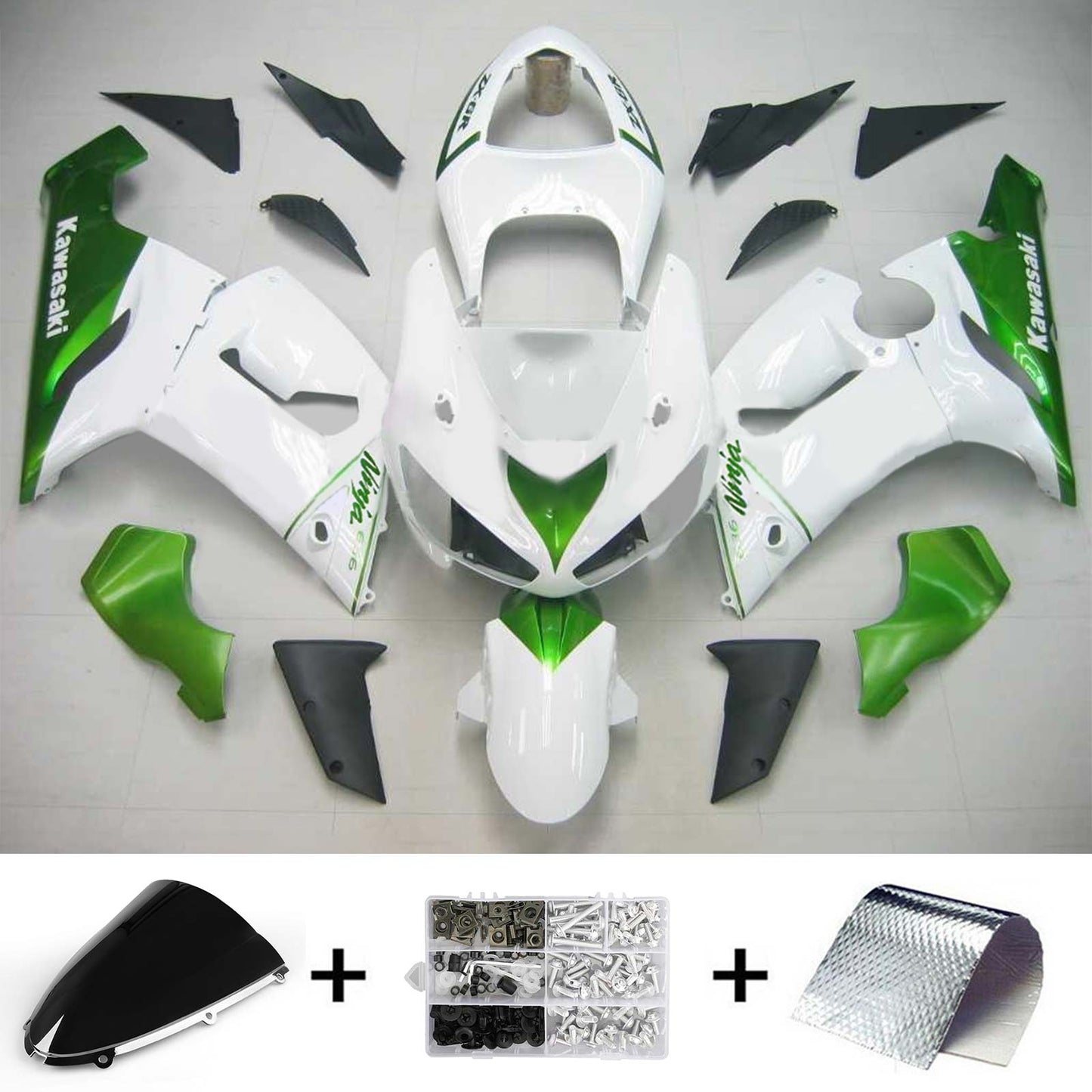 Amotopart Kawasaki 2005-2006 ZX6R 636 White Mix Green Fearing Kit