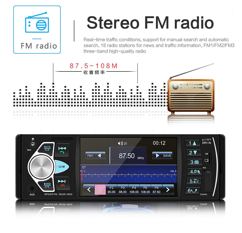 1Din 4.1in Autoradio Stereo Bluetooth FM USB Aux Audio MP5 Player + Kamera